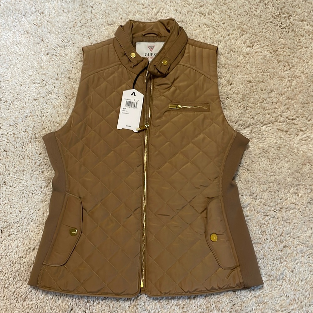 New Guess Small women’s puffer vest tufted gold tan cream